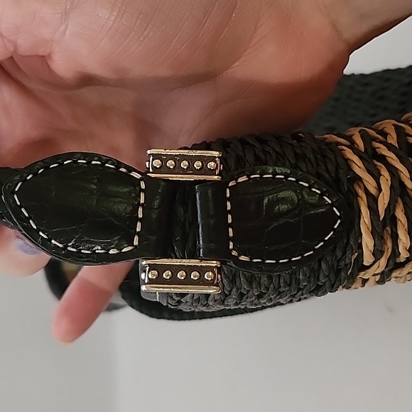 Brighton Sydney Sraw Bag w/ Leather Trim & Braided Handle Dark Blue & Beige - Picture 6 of 11